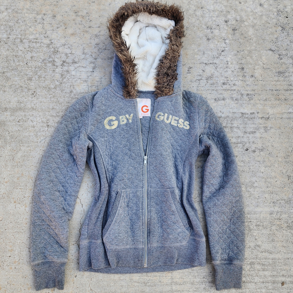 G By GUESS Gray Gray Zip-Up Faux Fur‎ Lined Hood Hoodie, Logo Rhinestones, Sz S